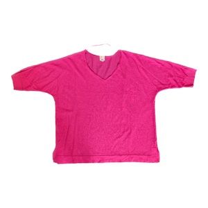 JM Collection Woman tunic top, bright Barbiecore pink v-neck, linen-like, 1X